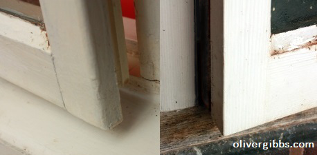 The edge of an old stormproof (left) and standard (right) wooden casement window